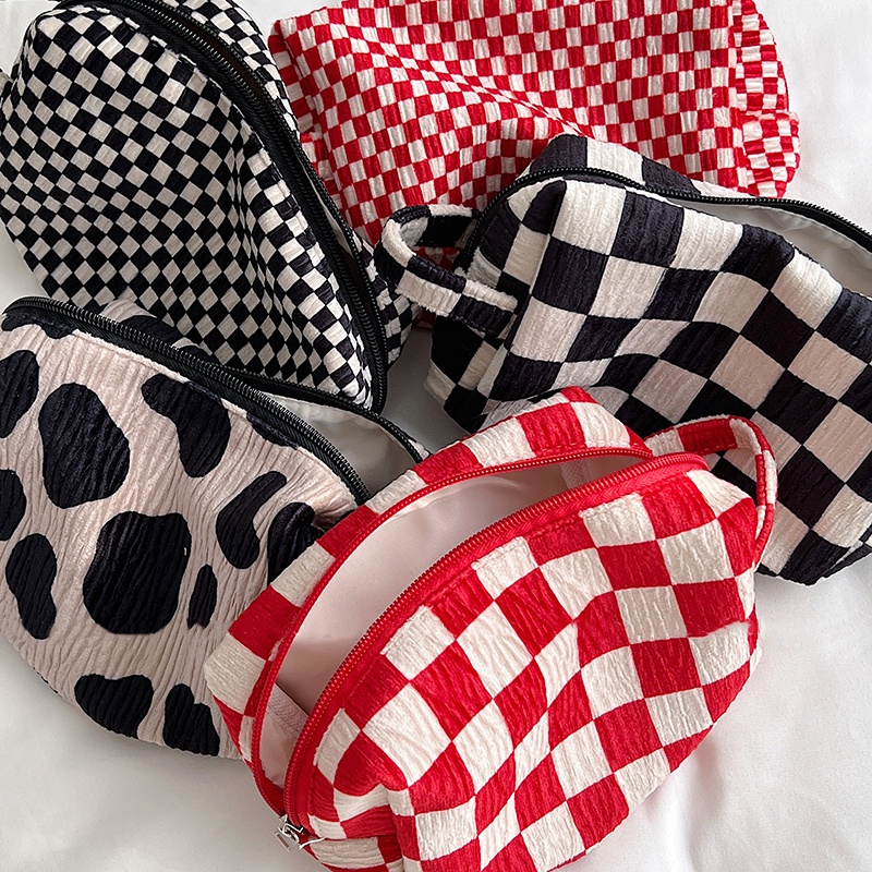 Túi Đựng Bút/Mỹ Phẩm Bằng Vải Nhung Kẻ Sọc Caro Thời Trang