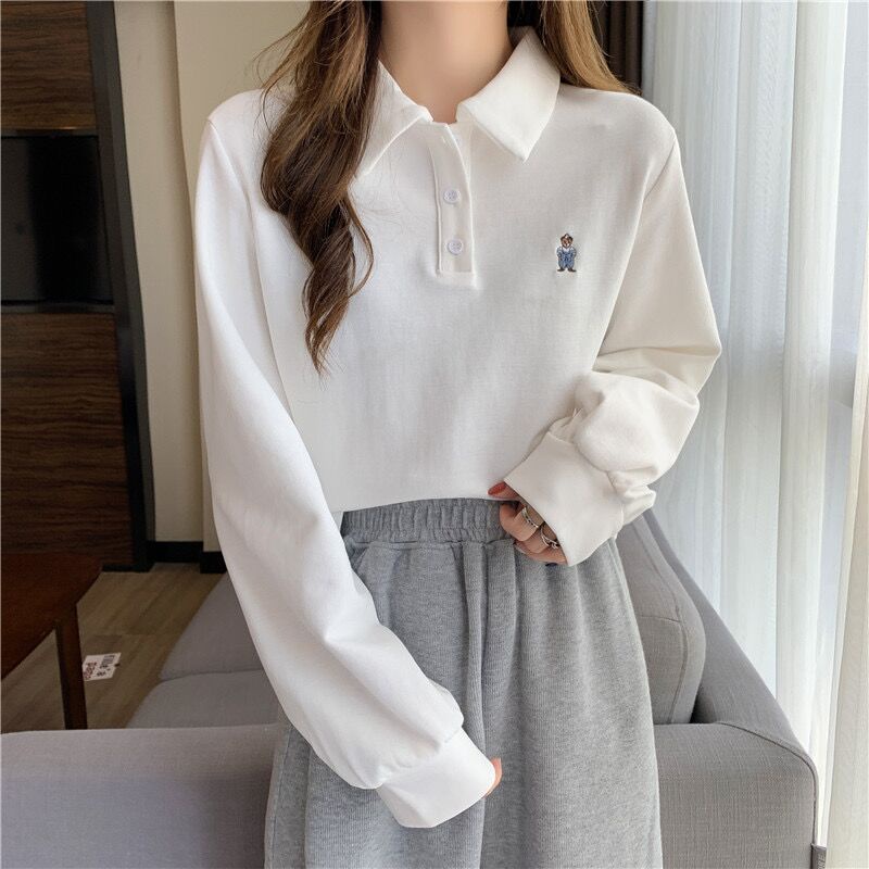 Áo Sweater Cổ Polo Dáng Rộng Thêu Hình Gấu Kiểu Hàn Quốc Thời Trang Mùa Thu Cho Nữ