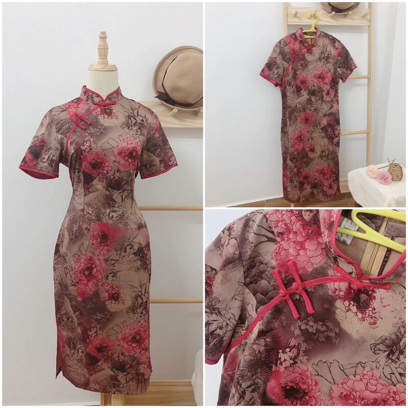 Sườn xám xanh lá boho caro có BIG SIZE