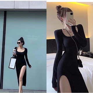 Gv đầm body thun dẻo xẻ tà dài- dài 115cm