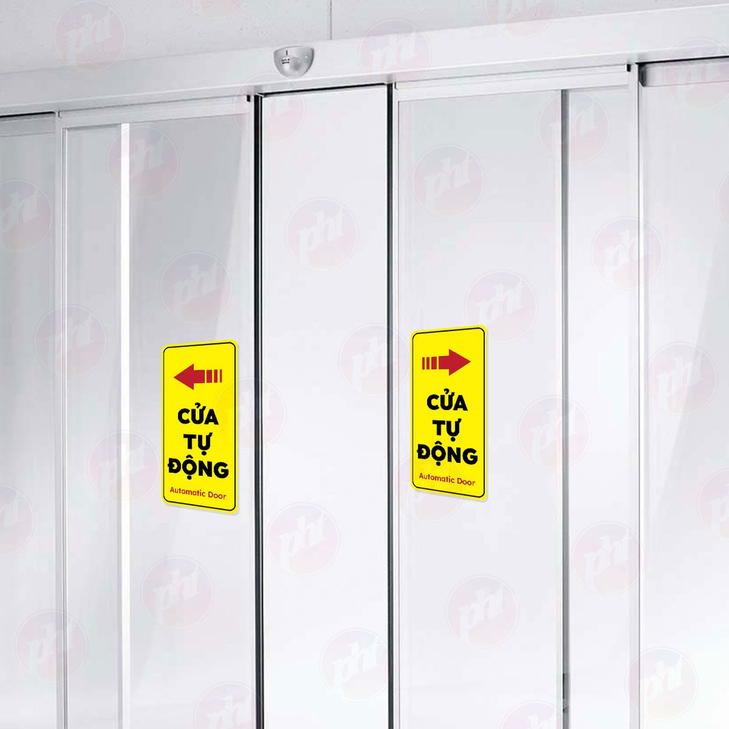Set combo 2 biển báo "ĐẨY - KÉO Cửa Ra Vào PULL - PUSH, CỬA KÍNH TỰ ĐỘNG / CỬA LÙA decal chống nuớc cáng màng kim tuyến.