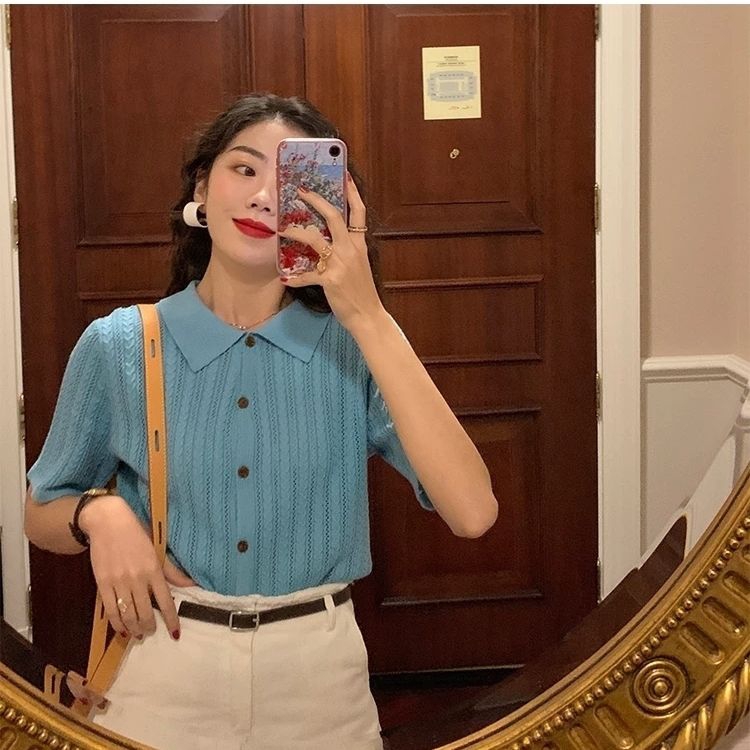 Áo Thun Polo Ngắn Tay Phong Cách Retro Hàn Quốc 2021 Cho Nữ