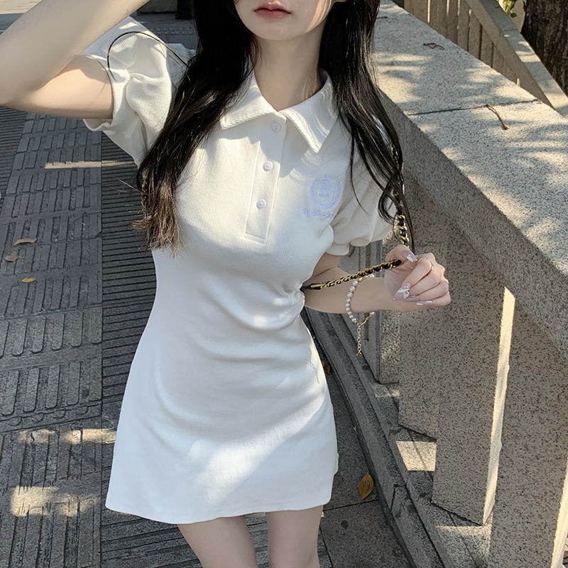 AMOI Đầm Sơ Mi Tay Ngắn Phồng Cổ Polo Ôm Eo Thời Trang 2022 Cho Nữ