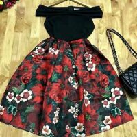Đầm xòe trễ vai tùng gấm