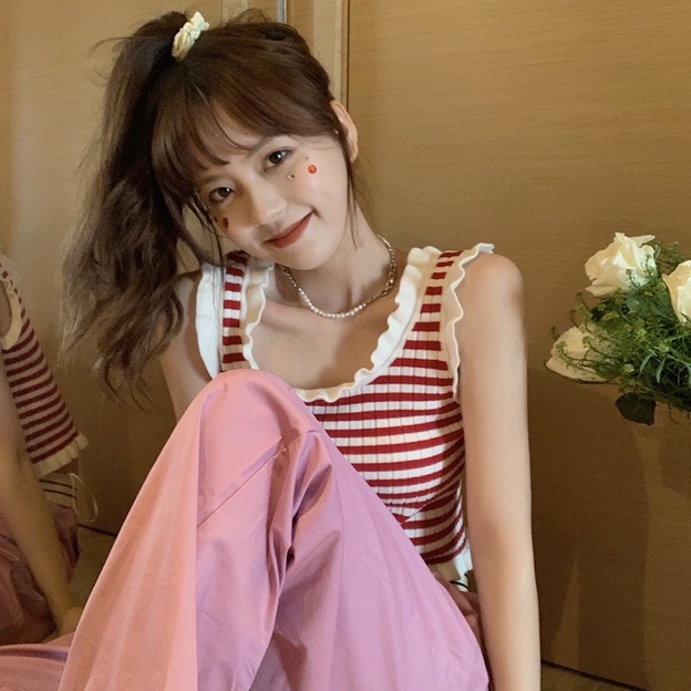 【ZHELIHANGFEI】 Áo Dệt Kim Hai Dây Dáng Ngắn Họa Tiết Kẻ Sọc