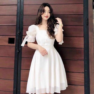 Đầm Voan 2 Lớp Đính Nút Tay Lững Thắt Nơ
