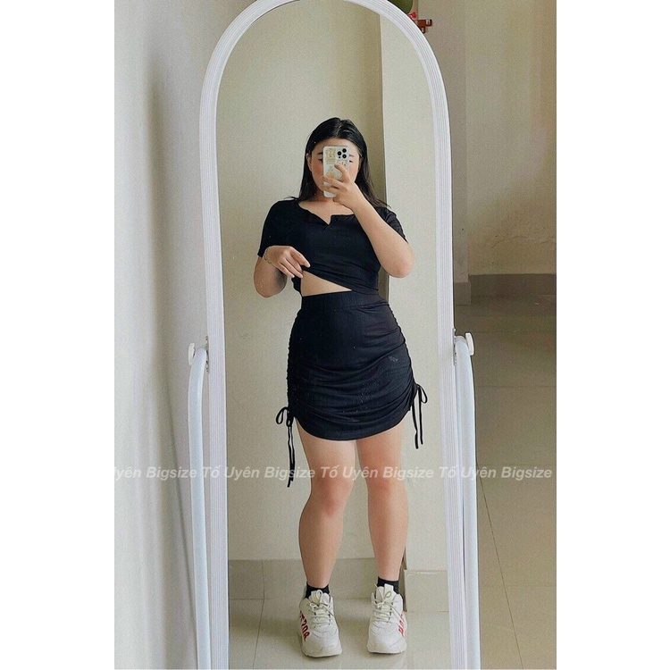 Set Áo Crotop Cổ U Kèm Chân Váy Dây Rút Bigsize Siêu Xinh
