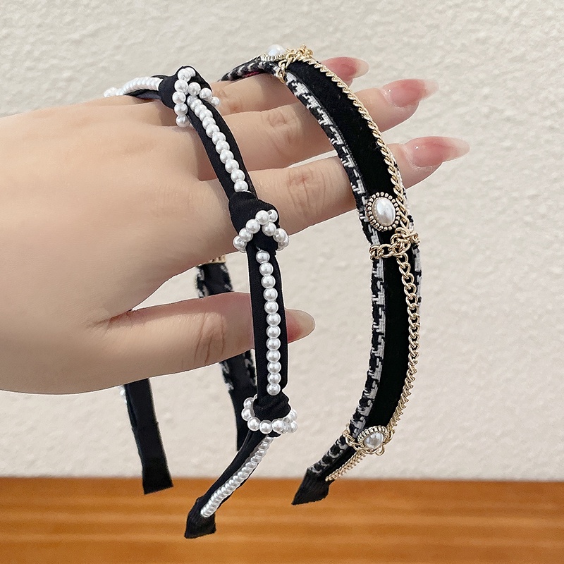 【Bờm Tóc】Kẹp Tóc Dạng Dây Xích Đính Ngọc Trai Đen Phong Cách Hàn Quốc 2022