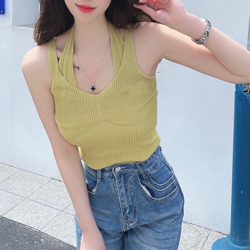 SUXI Áo Croptop Dệt Kim Trễ Vai Màu Sắc Thanh Lịch