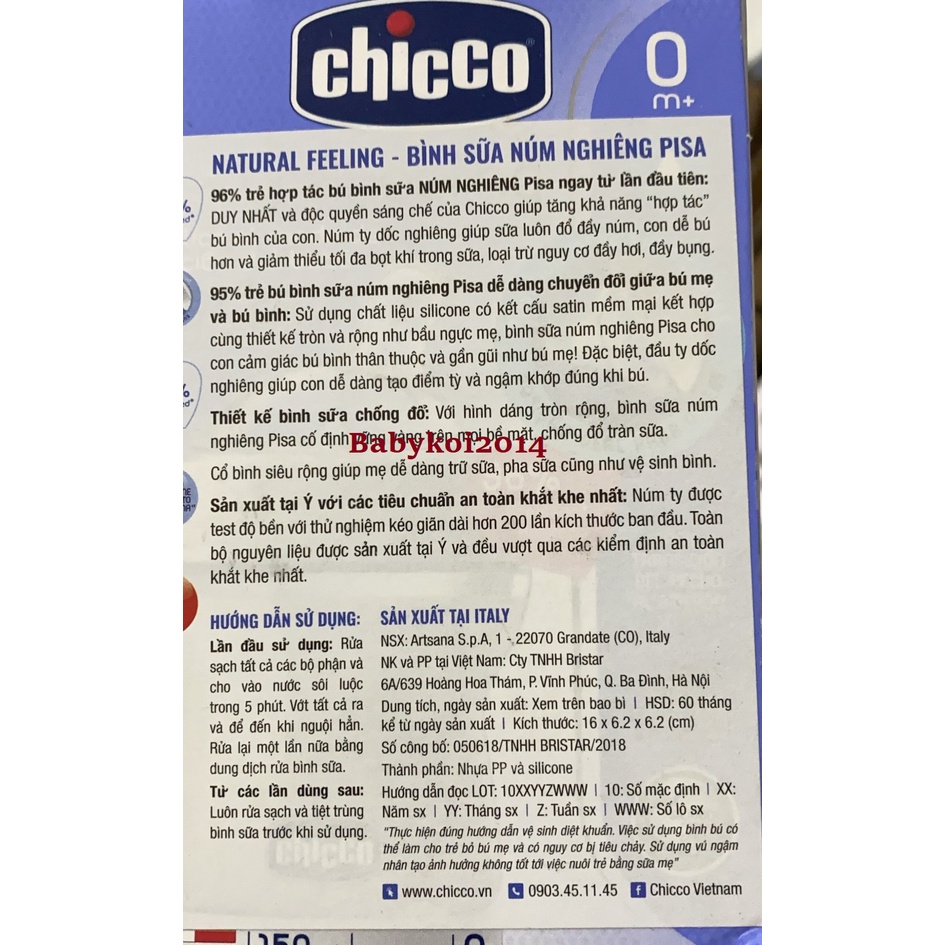 Bình sữa núm nghiêng Pisa Chicco Natural Feeling Ý