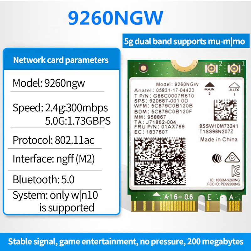 Bộ máy tính để bàn thẻ băng tần kép 1730Mbps Bluetooth 5.0 802.11Ac M.2 9260NGW Card mạng Wifi không dây 9260NGW cho Win10