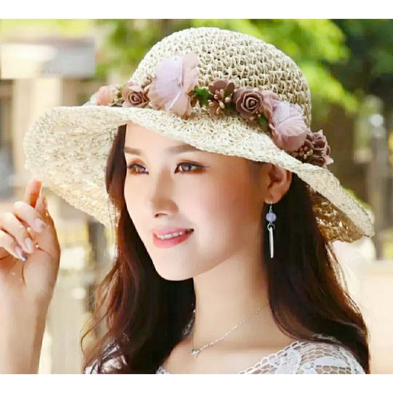 Nón đi biển mũ cói rộng vành nữ Panama gấp gọn thời trang Hàn Quốc