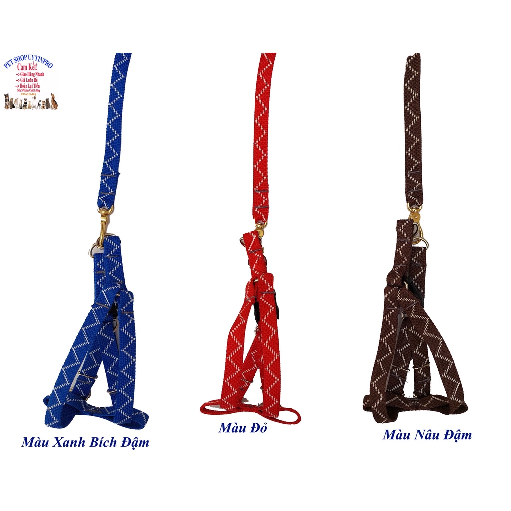 Dây dắt kèm yếm cho Chó Mèo từ 5kg đến 10kg Bản rộng 1.5cm Dài 120cm Thêu zigzag Chất liệu dù chắc chắn, An toàn