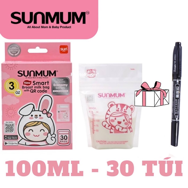 Hộp 30 Túi Trữ Sữa Sunmum 100ml Thương Hiệu Thái Lan Màu Hồng, 3 Khoá Zip, Vạch Chia Đựng Tối Đa 150ml