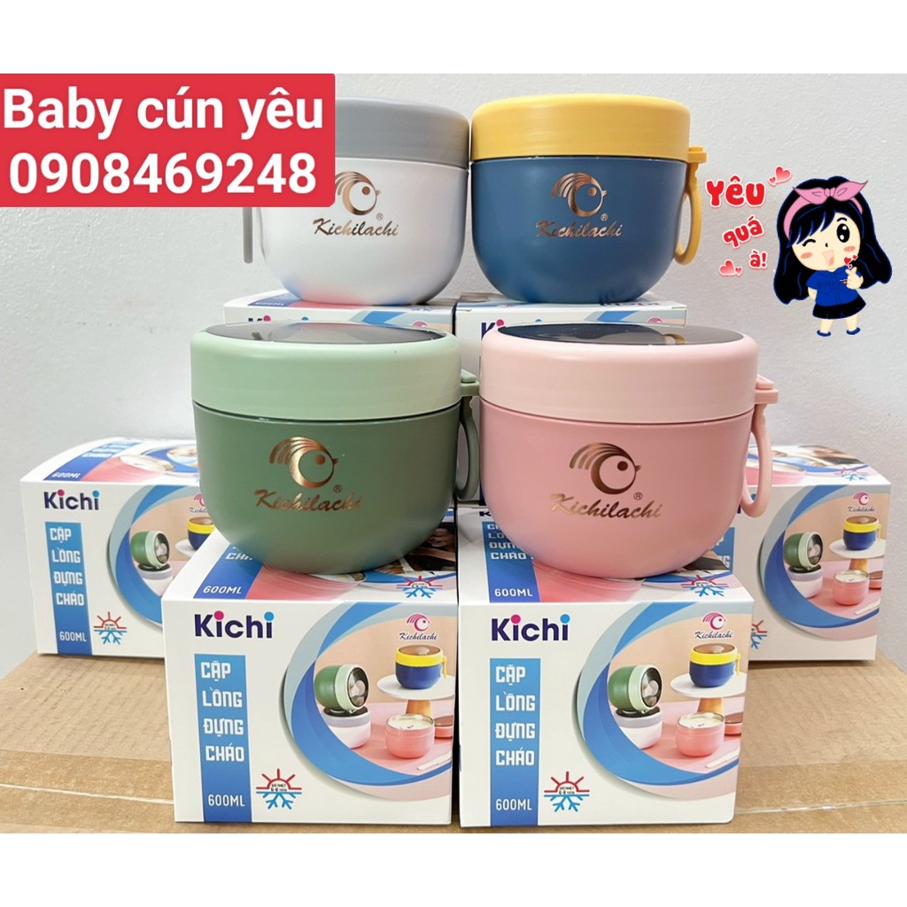 [CHÍNH HÃNG]Cạp lồng giữ nhiệt, ủ cháo cho bé kichilachi, dung tích 600ml, tặng kèm muỗng, chất liệu an toàn, tiện lợi