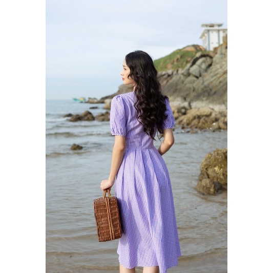 Đầm cổ tròn tùng xếp ly xoè caro tím Camy dress