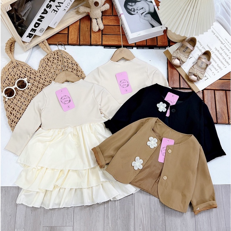 Váy voan 3 tầng kèm áo khoác kaki cao cấp cho bé gái