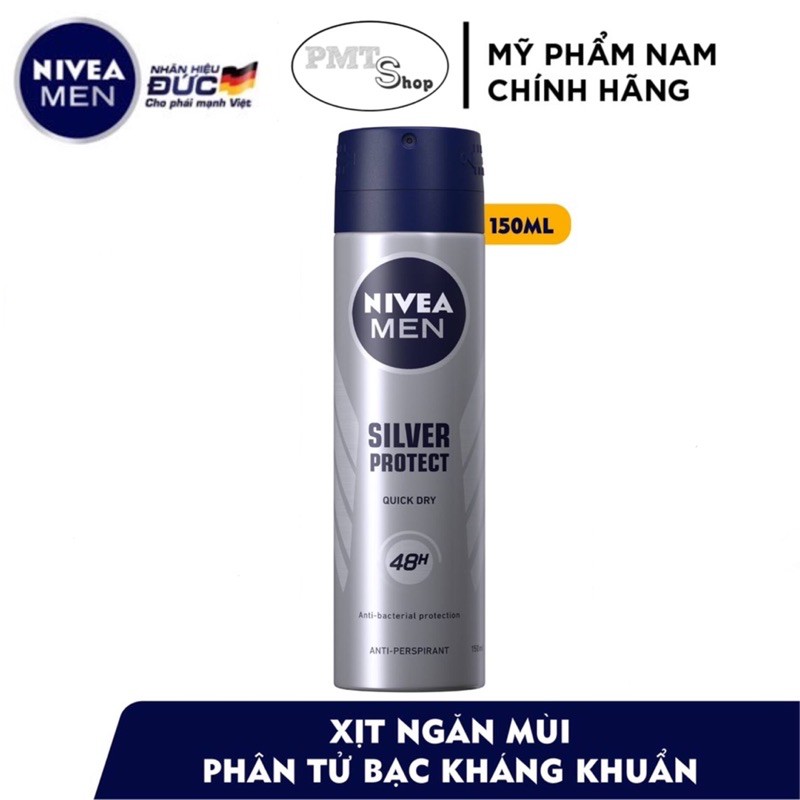 Xịt khử mùi nam Nivea men 150ml - Silver Protect, Dry Impact, Invisible, Deep, Cool Powder, Cool Kick, Amazon, Espresso