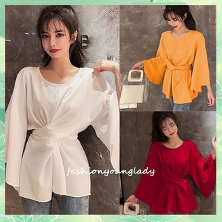 Áo Kiểu Tay Loe Thắt Nơ Eo Thời Trang Cho Nữ