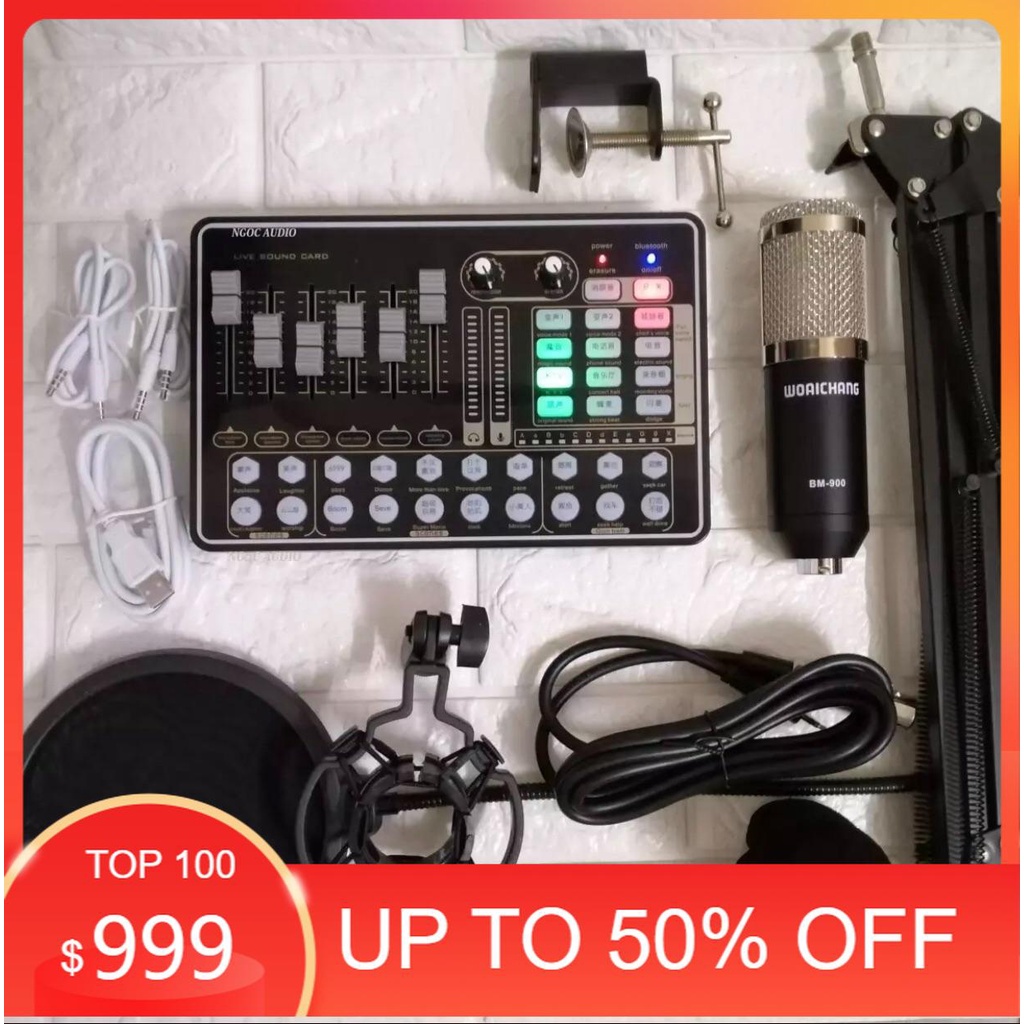 Combo thu âm livestream soundcard K9 H9 micro BM900 chân kẹp màng lọc