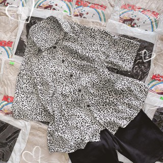 Set sơ mi hoạ tiết beo nhí + quần legging lửng