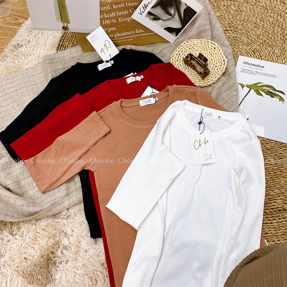Áo phông nữ Choobe dài tay dáng ôm body thun cotton trơn cổ tròn màu đen trắng đỏ be A38