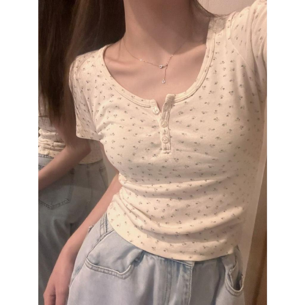 Ethelgirl Áo Thun Tay Ngắn Cổ Vuông Dáng Ôm Phong Cách Hàn Quốc Thời Trang Cho Nữ