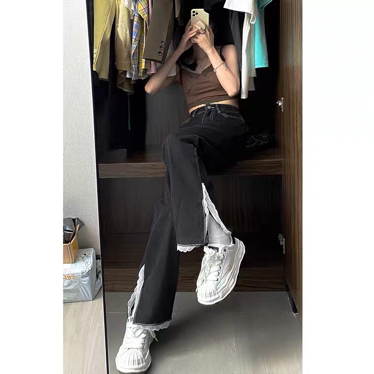 Quần jeans ống ống suông ulzzang phong cách jean loe phối ren sành điệu