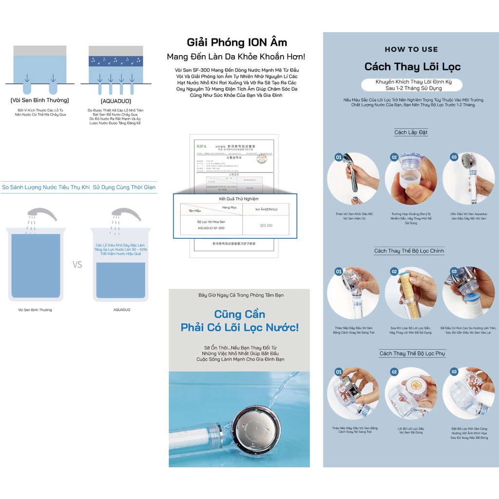 SF-300 Combo Đầu vòi sen tắm , 4 Thanh lọc nước AQUADUO SOON100U