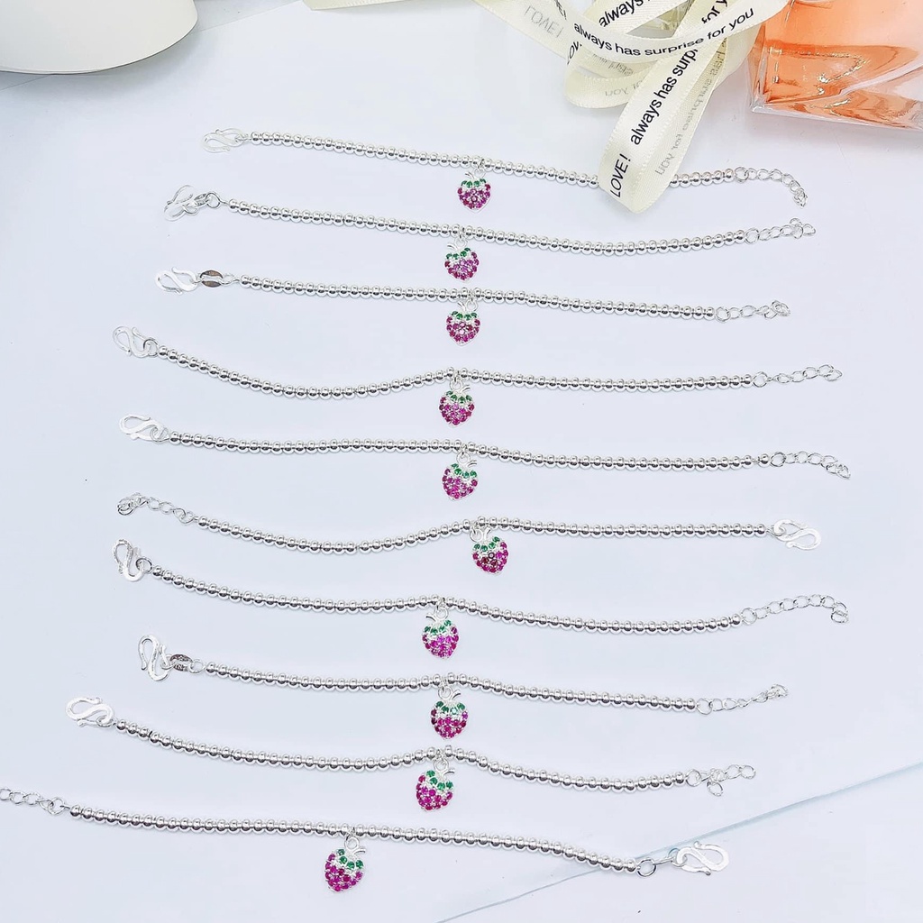 Lắc bạc cho bé đeo tay PANSY dạng chuỗi bi gắn hình quả dâu tây dễ thương - Vòng tay bạc đẹp cho bé gái