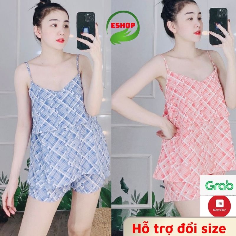 Đồ bộ pijama nữ 2 dây tay bèo pyjama lụa 100D bộ ngủ mặc nhà sexy quần đùi cute dễ thương cao cấp  ESHOP PM04