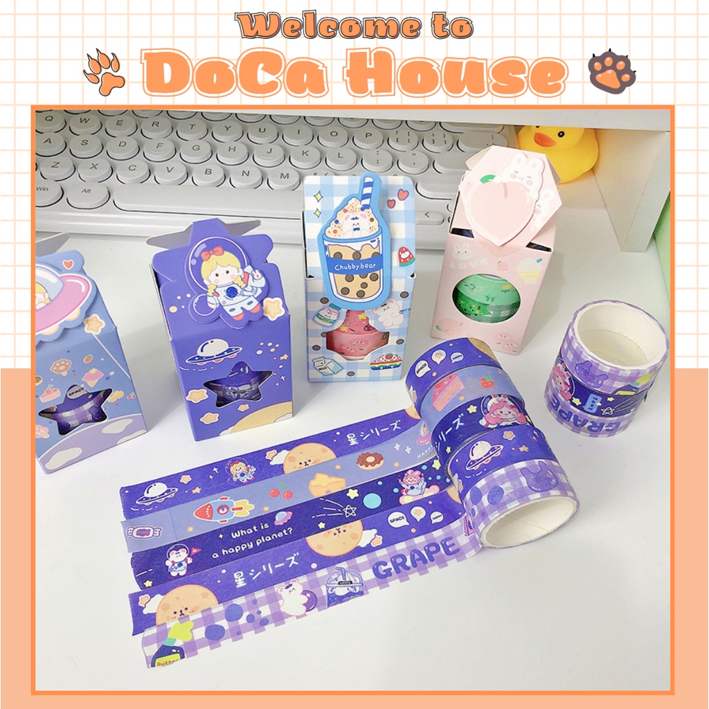 Hộp 4 cuộn washi tape DOCA, băng dính giấy, băng keo dán trang trí sổ tay nhiều chủ đề đáng yêu