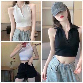 Áo kiểu croptop cổ yếm 3 nút kèm ảnh thật trải sàn