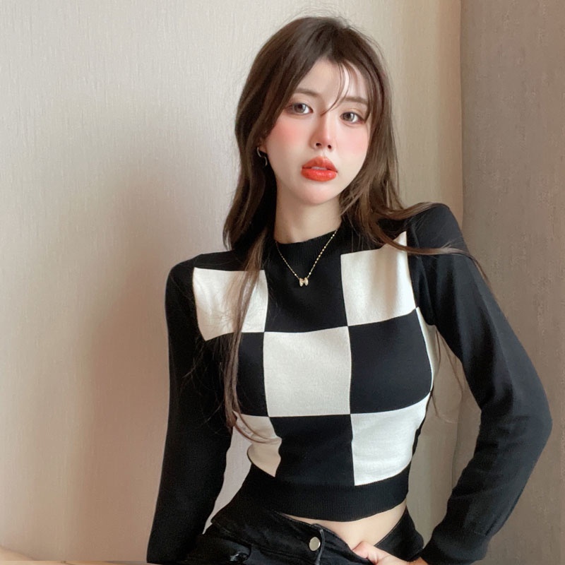 QADCOL Áo len tay dài họa tiết caro thời trang cho nữ