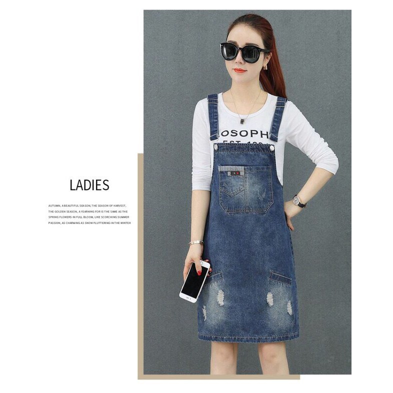 Yếm jean 2 dây phối túi DTFashion váy ngắn freesize