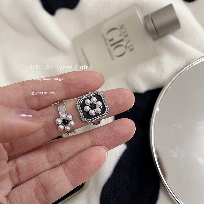 Nhẫn Hở Hình Hoa Đính Ngọc Trai Đen Phong Cách Thanh Lịch Cho Nữ