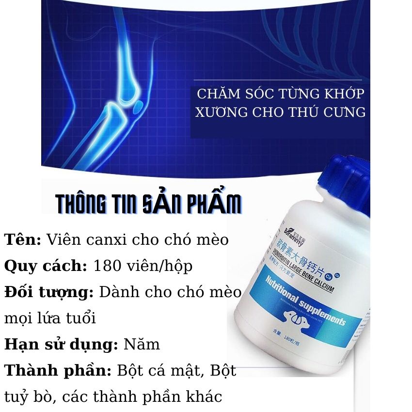 [BÁN LẺ 1 VIÊN] Canxi Cho Chó Mèo - Phát Triển Khung Xương, Chắc Xương, Mượt Lông, Chống Bại Liệt Hộp 180 Viên