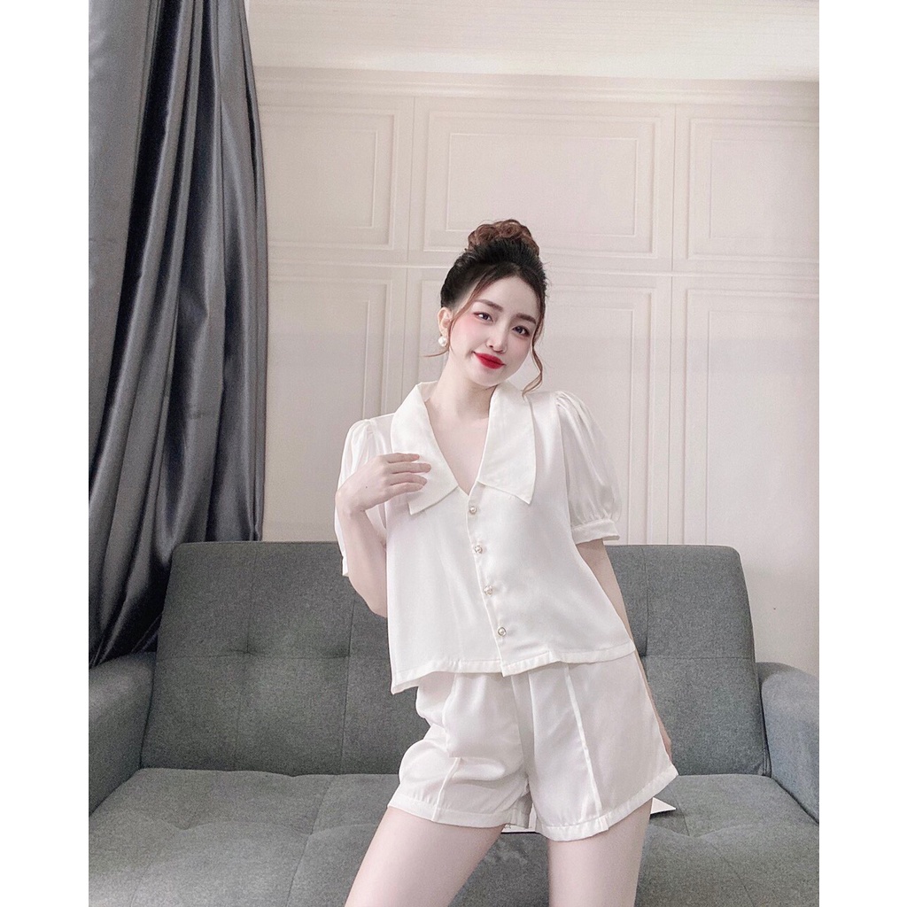 Đồ Mặc Nhà, Đồ Ngủ Mặc Nhà Áo Cổ Sen Tay Ngắn Quần Sọc Chất Lụa Satin Màu Trơn, Full Màu Form Rộng Rãi Thoải Mái. | BigBuy360 - bigbuy360.vn