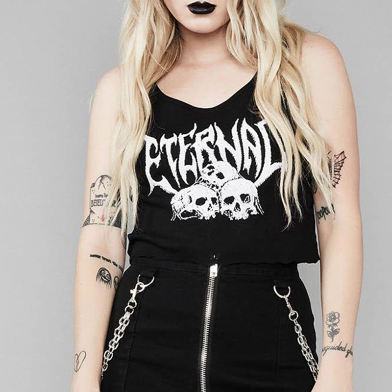 Áo Croptop Sát Nách In Họa Tiết Đầu Lâu Phong Cách Gothic Cổ Điển Những Năm 90 Cho Nữ