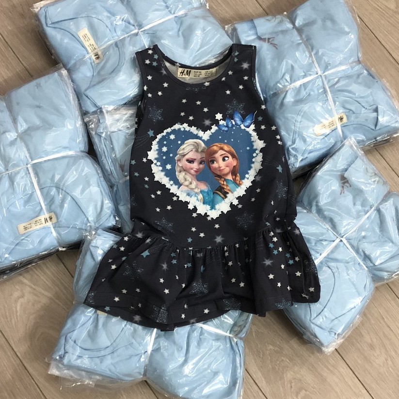 Váy đầm bé gái - Set 2 váy Elsa xanh HM chất cotton cho bé gái size 2-10 tuổi