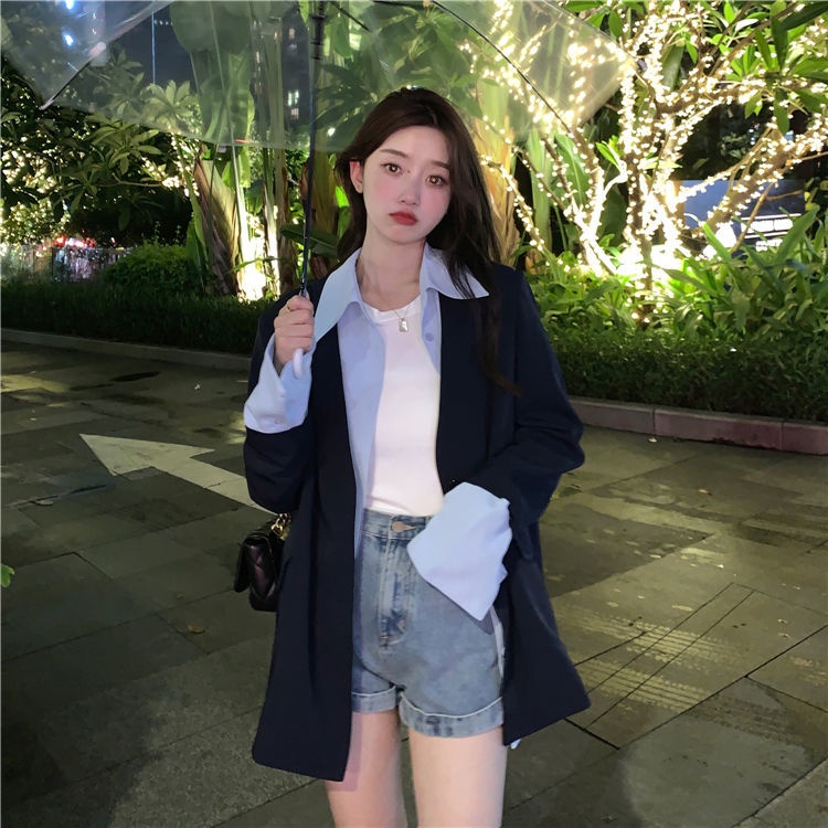 Áo khoác giả hai lớp tay dài dáng rộng thời trang mùa thu phong cách Hàn Quốc cho nữ