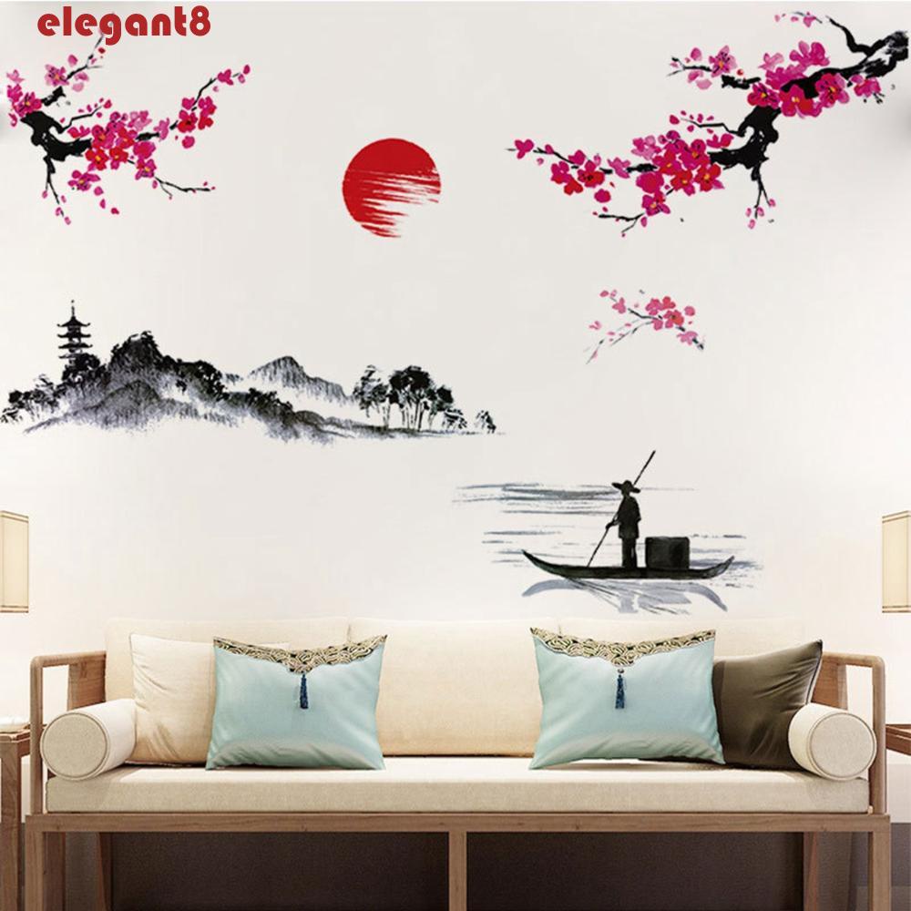 Sticker Dán Tường Tự Dính Họa Tiết Cảnh Mặt Trời Mọc Trang Trí Phòng Khách / Phòng