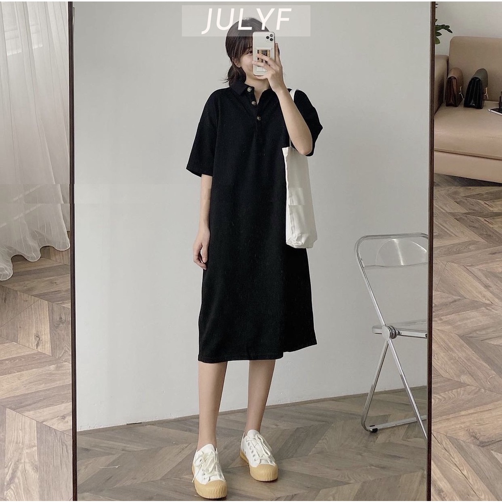 Váy polo thun phối cúc đồng JULYF - Đầm form rộng tay lỡ dáng suông chữ A, học sinh kiểu vintage hàn quốc ulzzang