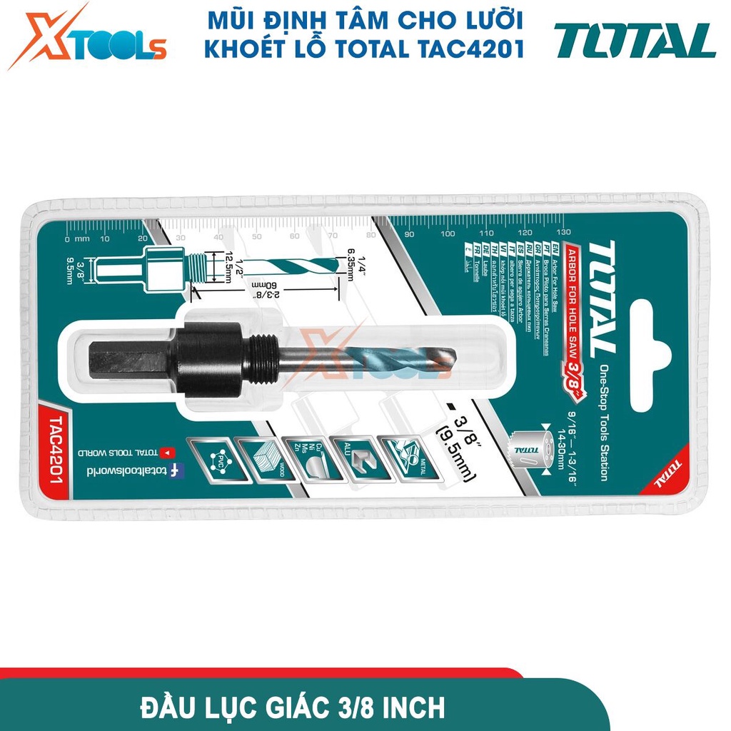 Mũi định tâm cho lưỡi khoét lỗ TOTAL TAC4201, đầu lục giác 3/8 inch phù hợp với cưa lỗ 14mm đến 30mm[CHÍNH HÃNG][XTOOLS]