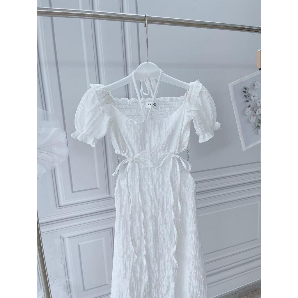 ĐẦM MAXI TRẮNG KHOÉT EO BÊN ĐÍNH NƠ