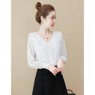 Áo Sơ Mi Chấm Bi Cổ Tròn Phối Bèo Akara N617