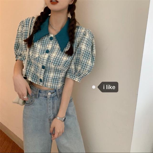 Áo Sơ Mi Tay Ngắn Phồng Cổ Búp Bê Họa Tiết Kẻ Sọc Thời Trang Mùa Hè 2022 Mới Phong Cách Hàn Quốc Cho Nữ
