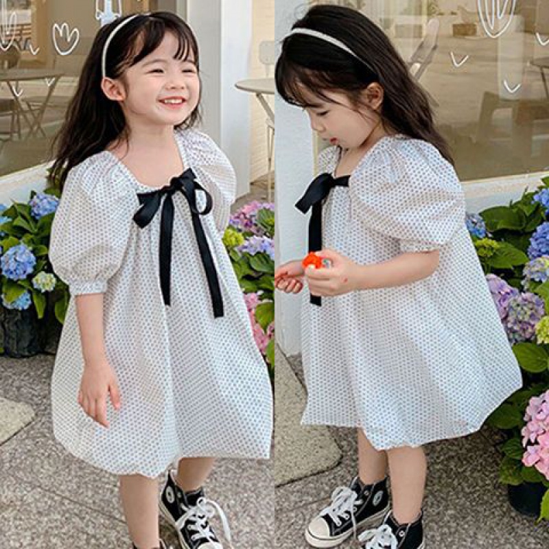 Hàng Mới Về Đầm Chấm Bi Một Mảnh Dáng Rộng Phong Cách Hàn Quốc Thời Trang Mùa Hè Cho Bé Gái 3-8 Tuổi