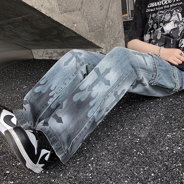 Quần Jean Baggy Dài Dáng Suông Nhiều Túi In Họa Tiết Ngọn Lửa Harajuku Punk Mới Cho Nam