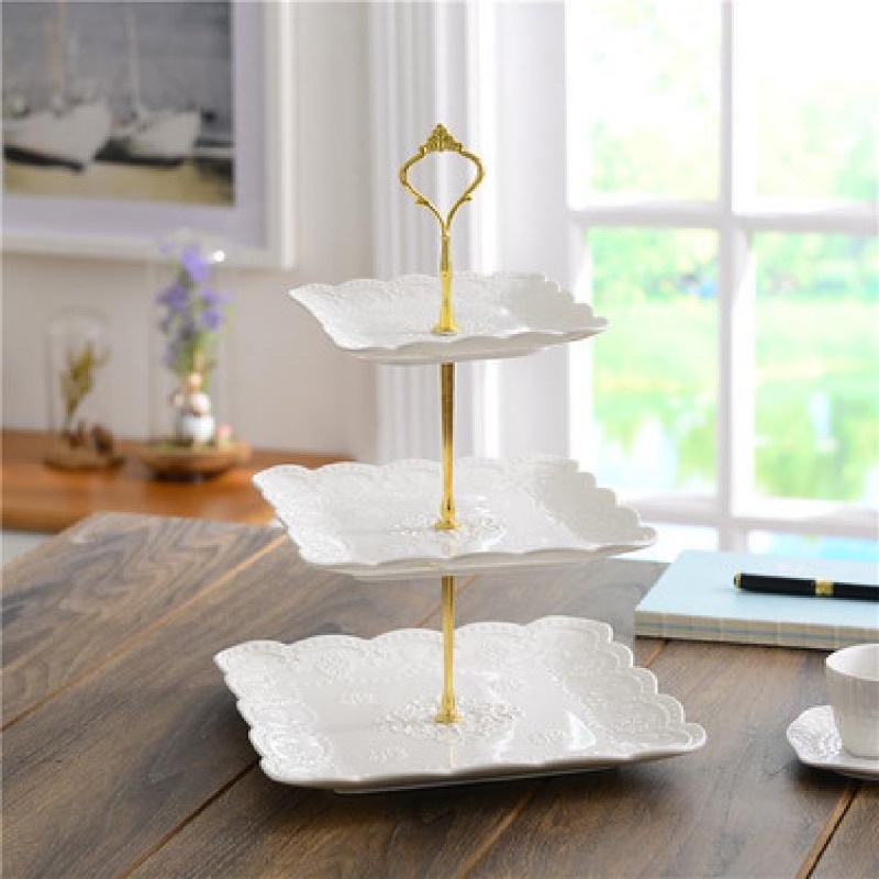 Đĩa sứ 3 tầng pancake, khay 3 tầng đựng bánh hoa quả